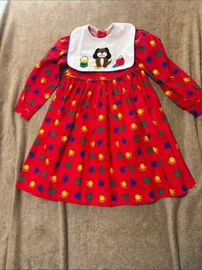 Vintage Red Puppy Paw Print Dress with  embroidered Bib collar.
